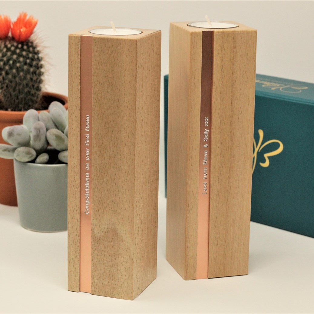 Pair of Personalised Wooden Candlesticks - Light Beech with